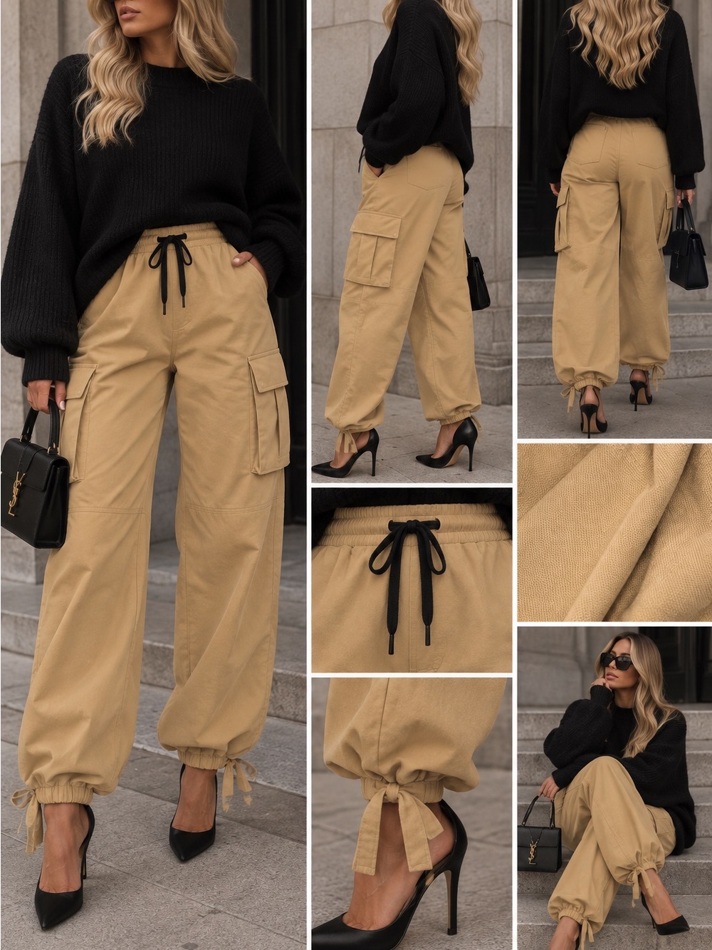 Casual Cargo Drawstring Jogger Pants - khaki
